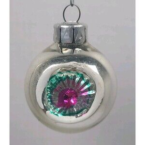 Vintage East Germany Indent Reflector 2" Glass Christmas Ornament silver & pink